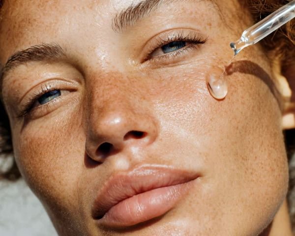 Close-up of a glowing woman's face with a dropper applying natural lightweight premium Australian serum to her face.