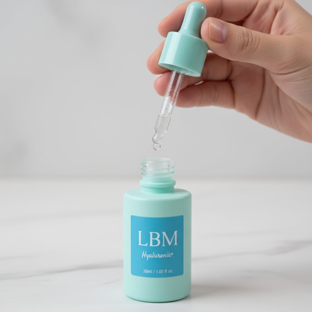 LBM Hyaluronic Acid Serum skincare routine flat lay – natural vegan hydrating serum