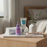 LBM natural skincare hydration products on a marble tray with a blurred background - Lily Bee and Me Ultra-Light Hydration Hero Skincare Set Face Primer Serum Pack jc0f5b-4d.myshopify.com