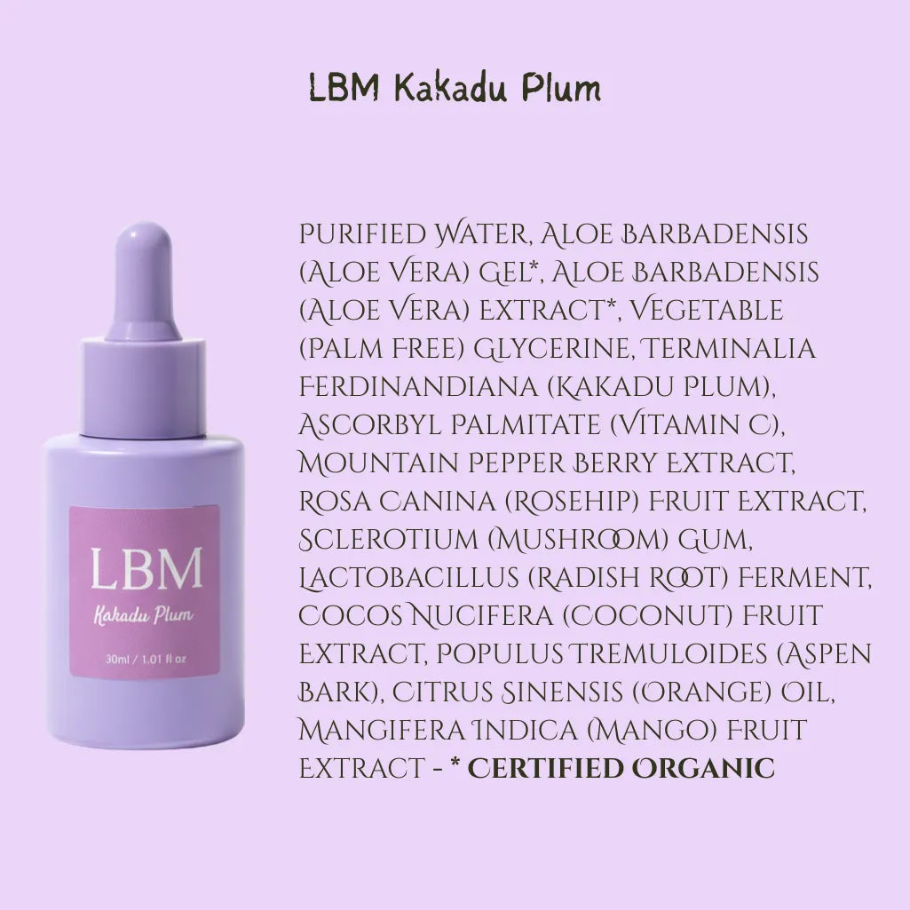 LBM Kakadu Plum skincare serum product with ingredient list on a light purple background - Lily Bee and me Ultra-Light Hydration Hero Skincare Set Face Primer Serum Pack jc0f5b-4d.myshopify.com