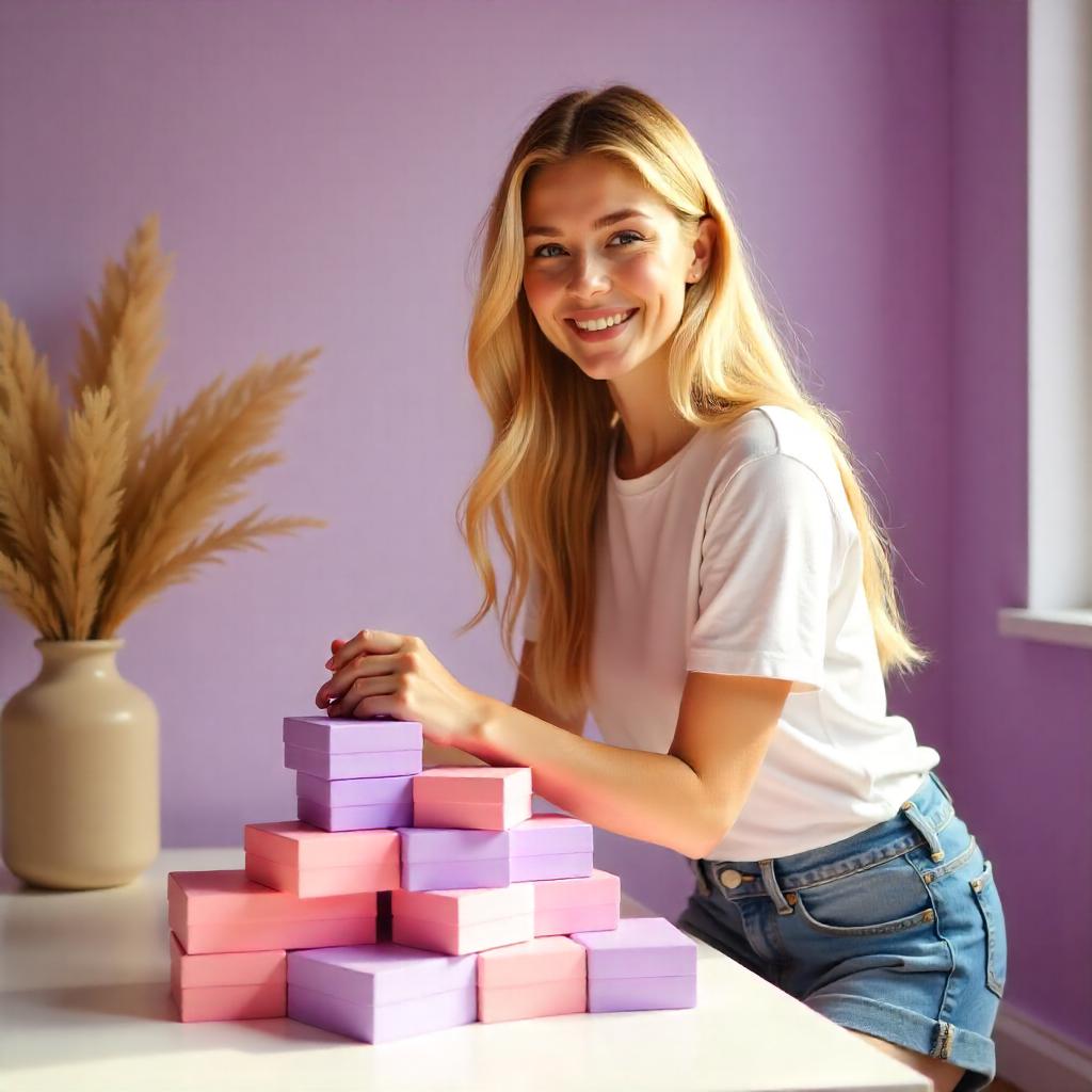 Woman sitting behind a stack of pastel-colored boxes in a room with a purple wall.