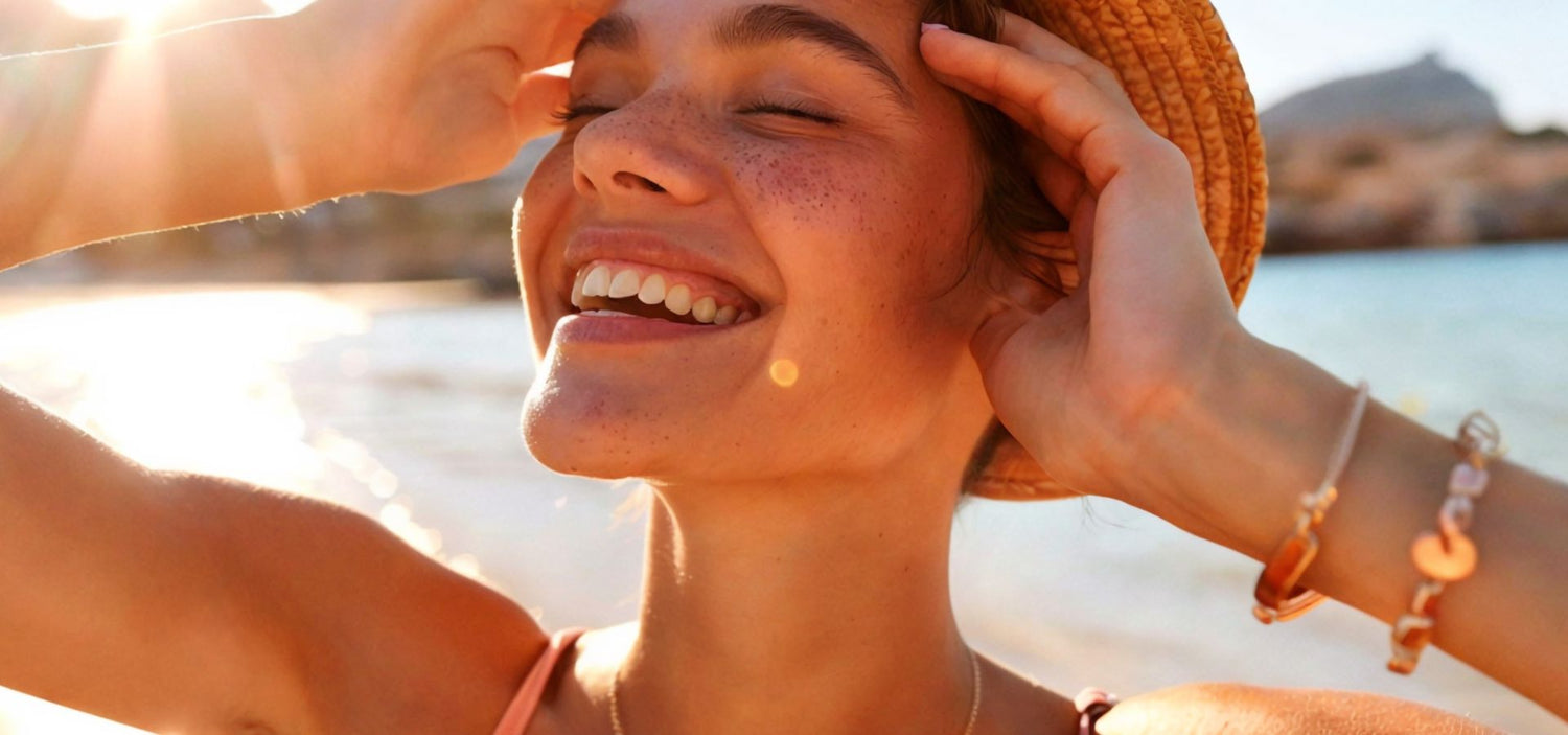 Woman with freckles smiling outdoors, celebrating Australian Natural Skincare - The best Natural skincare. Lily bee and Me.