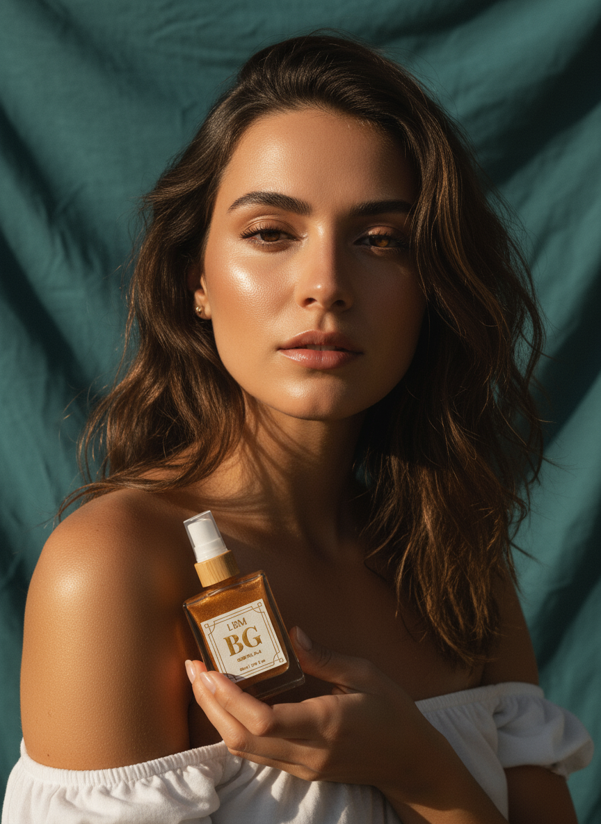 Woman holding a bottle of the best natural skincare against a teal background