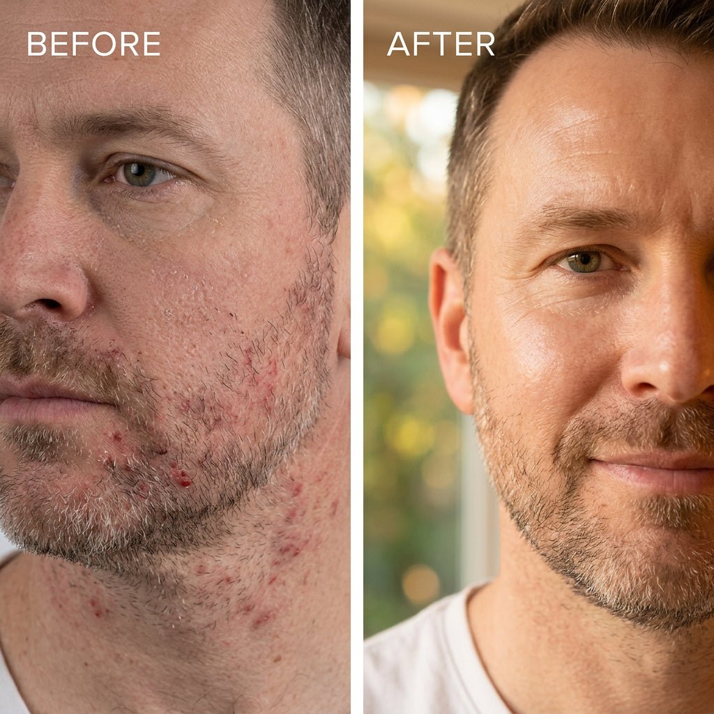 Before and after comparison of a man's face with acne treatment results - Lily Bee  Me skincare for men