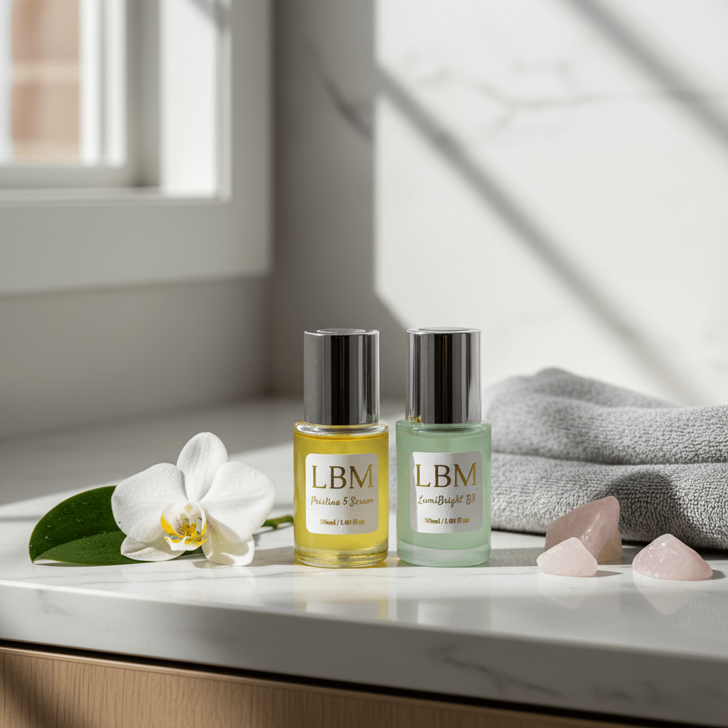 Two LBM skincare products on a marble surface with a flower and stones.