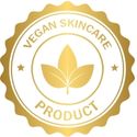 Vegan skincare product label with a gold border and white background