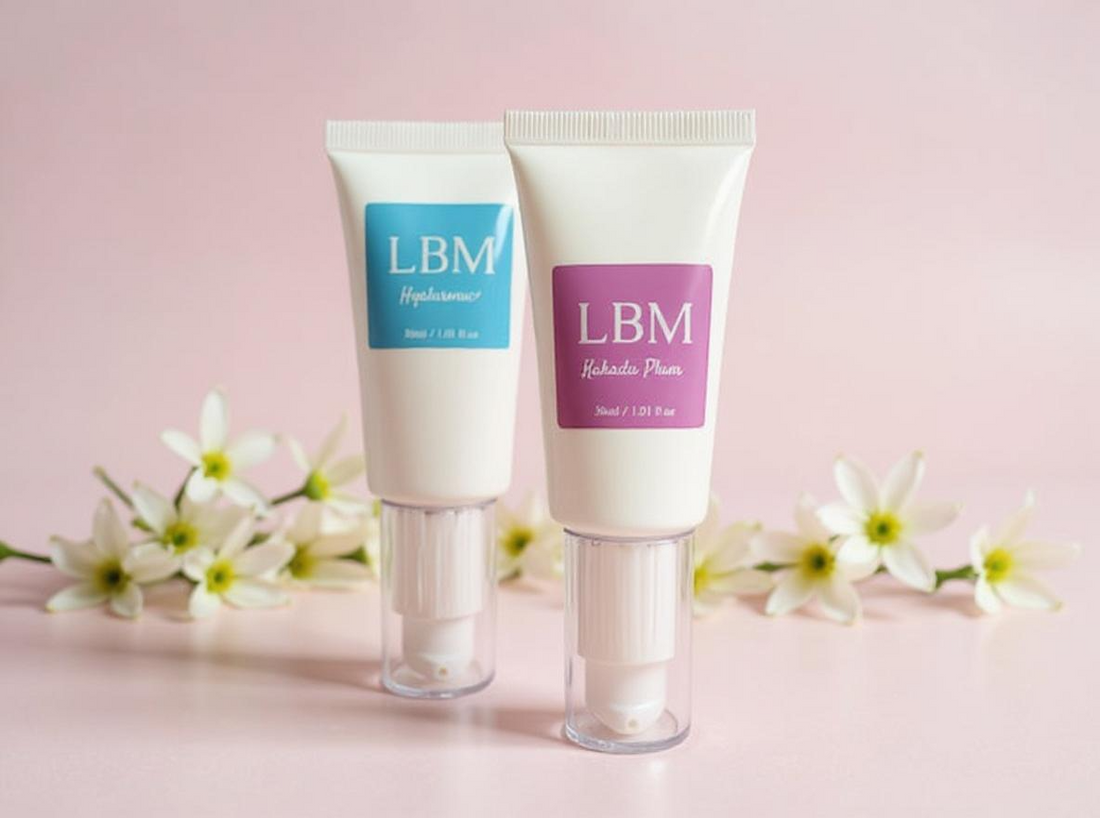 LBM Natural chemical free Australian skincare oil free natural moisture face serum set. Ultimate natural skin hydration with soft pastel background.
